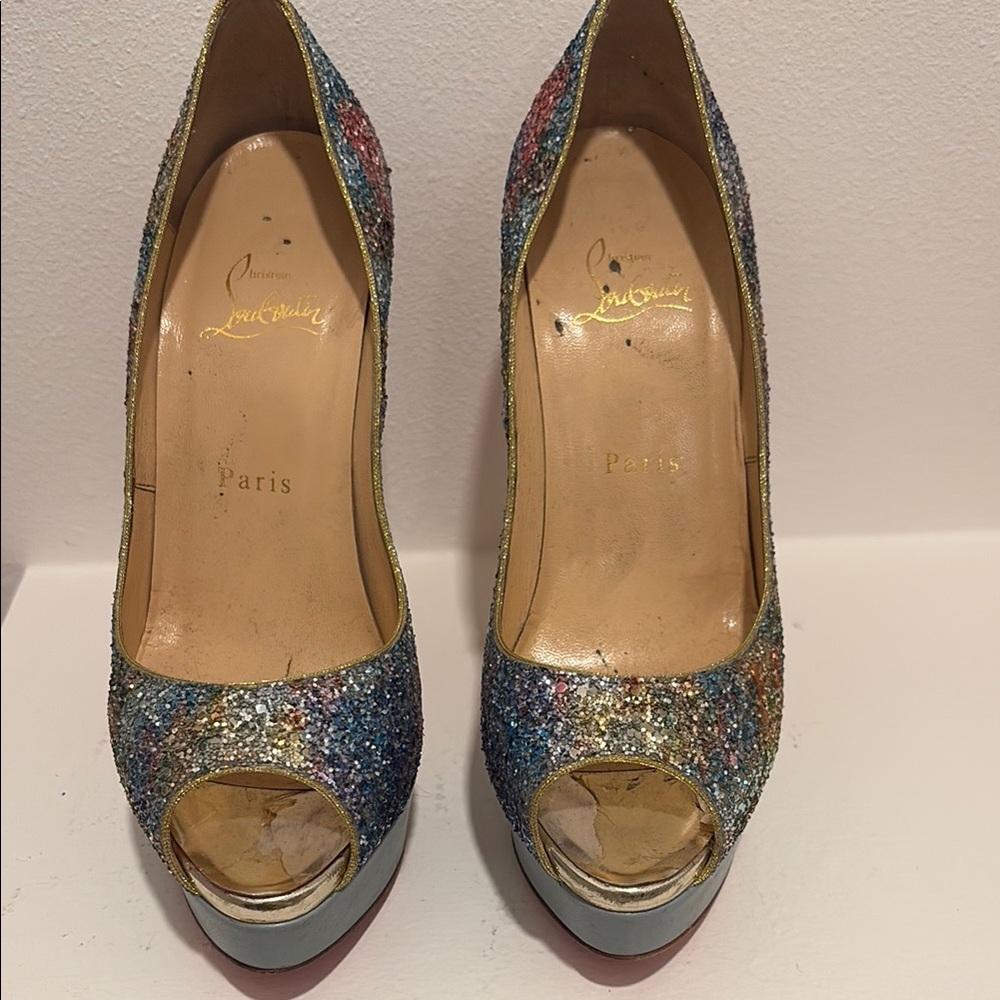 Christian Louboutin Blue and Gold Glitter Heels